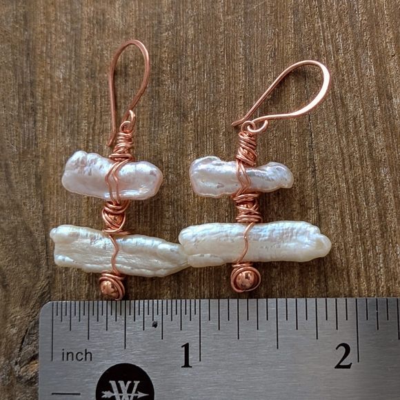 Biwa Pearl Earrings Artisan Copper Wrap Lightweight Coastal Style - Picture 5 of 14